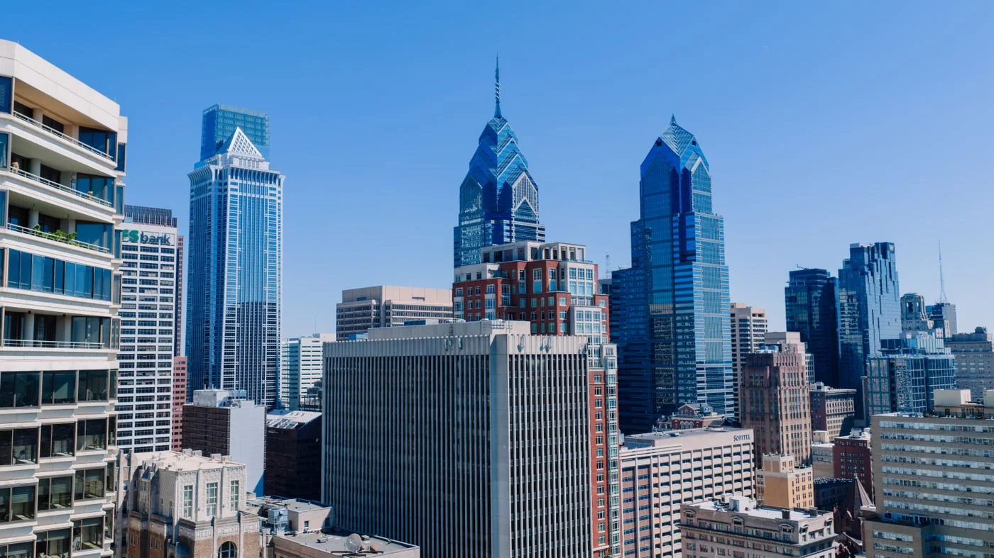 Philadelphia skyline and surrounding city buildings